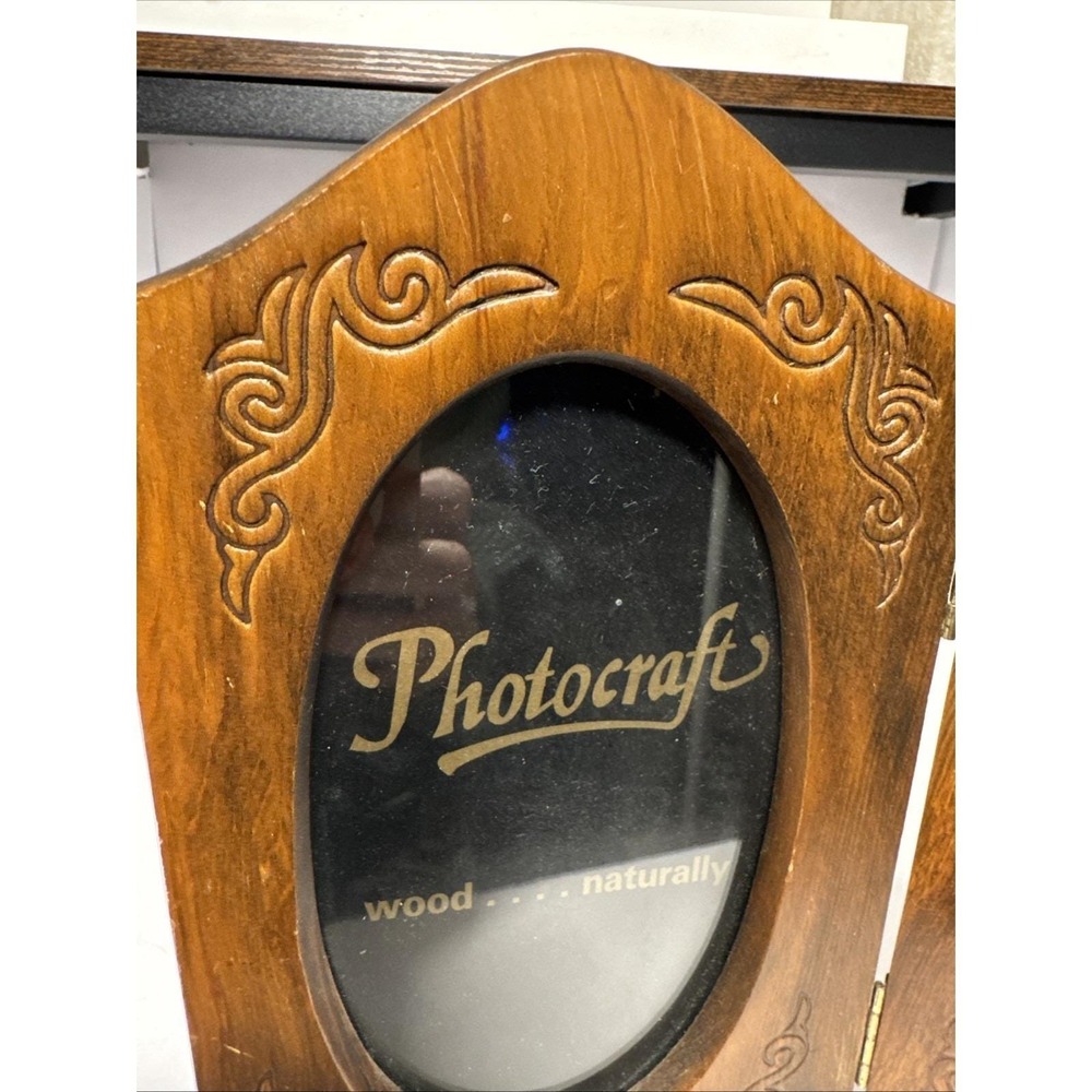 VTG Country Oval Wood Double Picture Frame Photocraft Natural Carved Bifold 9x10 - Picture 8 of 8